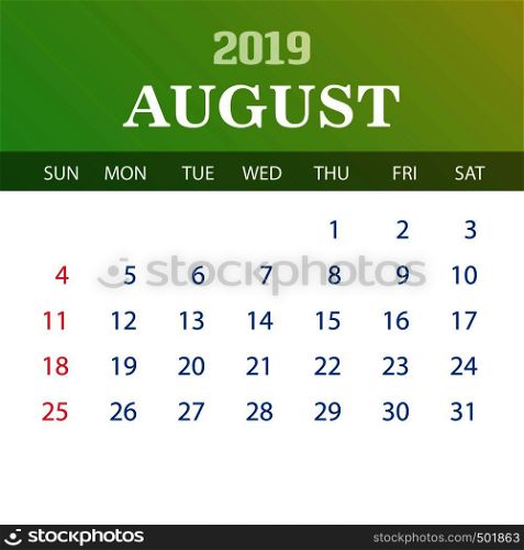 2019 Calendar Template - August