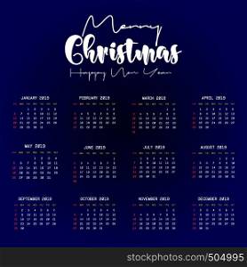 2019 Calendar template. Christmas and Happy new Year Background. Vector EPS10 Abstract Template background