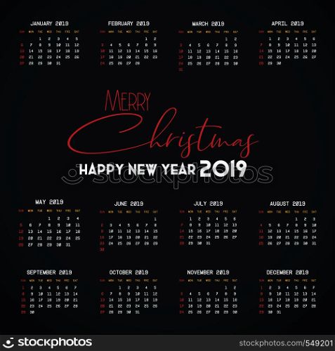 2019 Calendar template. Christmas and Happy new Year Background. Vector EPS10 Abstract Template background