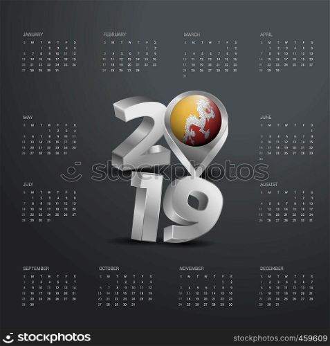 2019 Calendar Template. Grey Typography with Bhutan Country Map Golden Typography Header
