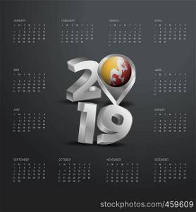 2019 Calendar Template. Grey Typography with Bhutan Country Map Golden Typography Header