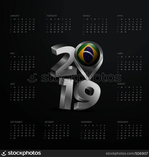 2019 Calendar Template. Grey Typography with Brazil Country Map Golden Typography Header