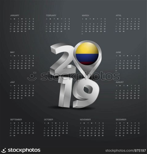 2019 Calendar Template. Grey Typography with Colombia Country Map Golden Typography Header