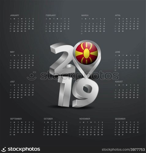 2019 Calendar Template. Grey Typography with Macedonia Country Map Golden Typography Header
