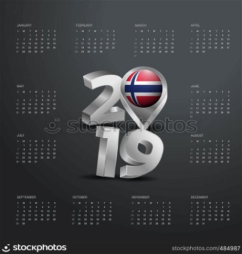 2019 Calendar Template. Grey Typography with Norway Country Map Golden Typography Header