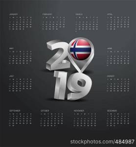 2019 Calendar Template. Grey Typography with Norway Country Map Golden Typography Header