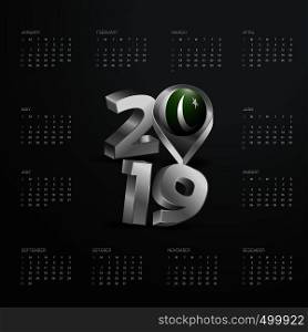 2019 Calendar Template. Grey Typography with Pakistan Country Map Golden Typography Header
