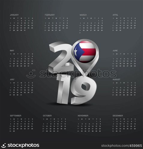 2019 Calendar Template. Grey Typography with Puerto Rico Country Map Golden Typography Header