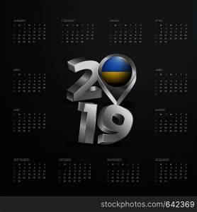 2019 Calendar Template. Grey Typography with Rwanda Country Map Golden Typography Header