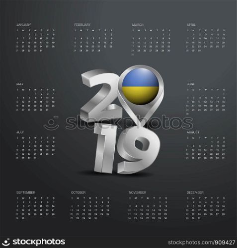 2019 Calendar Template. Grey Typography with Ukraine Country Map Golden Typography Header