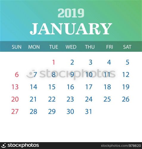 2019 Calendar Template - January