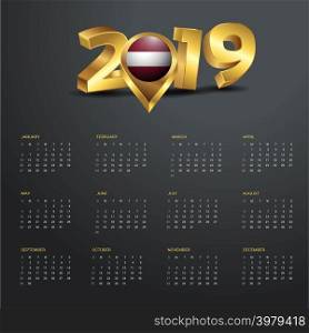 2019 Calendar Template. Latvia Country Map Golden Typography Header