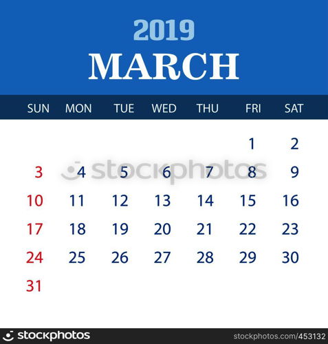 2019 Calendar Template - March