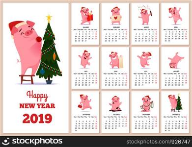 2019 calendar template. New year celebration pig character at design calendar planner pages vector layout diary months. Illustration of calendar to new year with pink pig. 2019 calendar template. New year celebration pig character at design calendar planner pages vector layout diary months