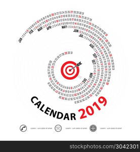 2019 Calendar Template.Spiral calendar.Calendar 2019 Set of 12 M. 2019 Calendar Template.Spiral calendar.Calendar 2019 Set of 12 Months.Vector design stationery template.Vector Illustration