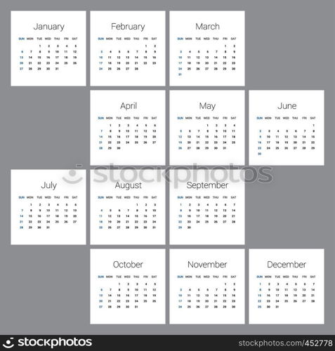 2019 Calendar Template. Vector Gray background