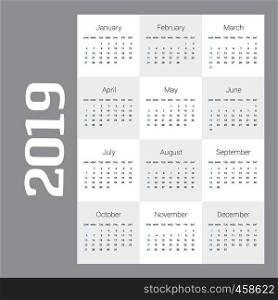 2019 Calendar Template. Vector Gray background