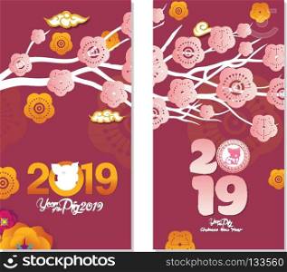 2019 Chinese New Year Greeting Card, two sides poster, flyer or invitation design with Paper cut Sakura Flowers and pig 
