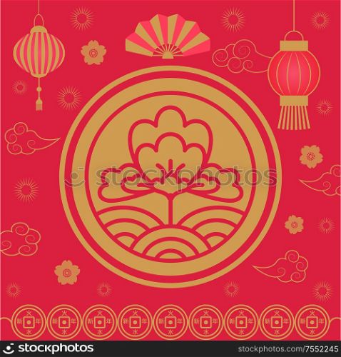 2019 Chinese New Year holiday celebration floral vector. Flower in circle, lanterns made of paper, clouds and line art flat style, zodiac Asian festival. 2019 Chinese New Year Holiday Celebration Flora