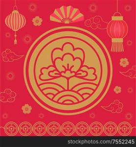 2019 Chinese New Year holiday celebration floral vector. Flower in circle, lanterns made of paper, clouds and line art flat style, zodiac Asian festival. 2019 Chinese New Year Holiday Celebration Flora