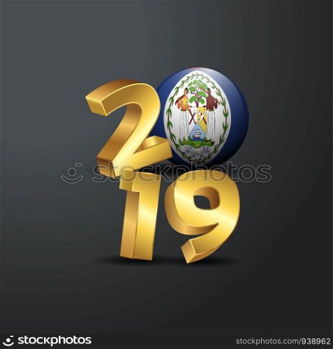 2019 Golden Typography with Belize Flag. Happy New Year Lettering