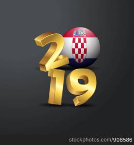 2019 Golden Typography with Croatia Flag. Happy New Year Lettering