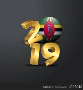2019 Golden Typography with Dominica Flag. Happy New Year Lettering