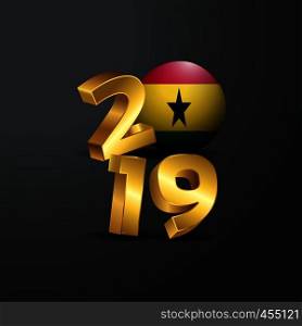 2019 Golden Typography with Ghana Flag. Happy New Year Lettering