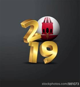 2019 Golden Typography with Gibraltar Flag. Happy New Year Lettering