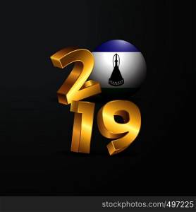2019 Golden Typography with Lesotho Flag. Happy New Year Lettering