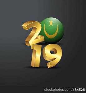 2019 Golden Typography with Mauritania Flag. Happy New Year Lettering