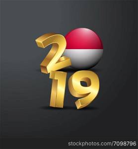 2019 Golden Typography with Monaco Flag. Happy New Year Lettering