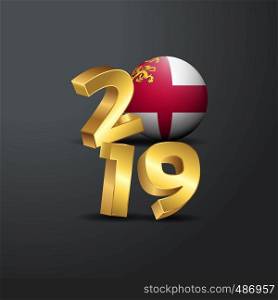2019 Golden Typography with Sark Flag. Happy New Year Lettering