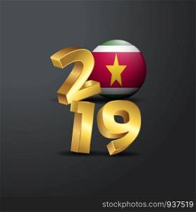 2019 Golden Typography with Suriname Flag. Happy New Year Lettering