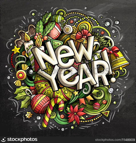 2019 hand drawn doodles chalkboard illustration. New Year objects and elements poster design. Creative cartoon holidays art background. Colorful vector drawing. 2019 hand drawn doodles chalkboard illustration. New Year object