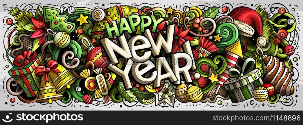 2019 hand drawn doodles horizontal illustration. New Year objects and elements poster design. Creative cartoon holidays art background. Colorful vector drawing. 2019 doodles illustration. New Year objects and elements design