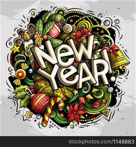 2019 hand drawn doodles illustration. New Year objects and elements poster design. Creative cartoon holidays art background. Colorful vector drawing. New Year doodles illustration objects and elements poster design