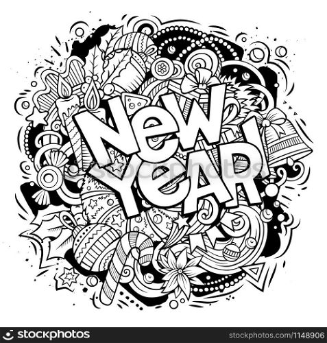 2019 hand drawn doodles illustration. New Year objects and elements poster design. Creative cartoon holidays art background. Line art vector drawing. New Year doodles illustration objects and elements poster design