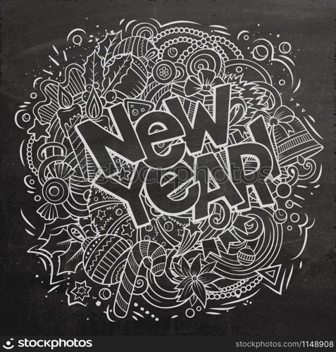 2019 hand drawn doodles illustration. New Year objects and elements poster design. Creative cartoon holidays art background. Line art vector drawing. 2019 doodles illustration. New Year objects poster design