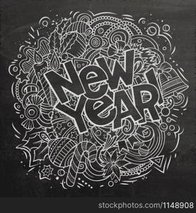 2019 hand drawn doodles illustration. New Year objects and elements poster design. Creative cartoon holidays art background. Line art vector drawing. 2019 doodles illustration. New Year objects poster design