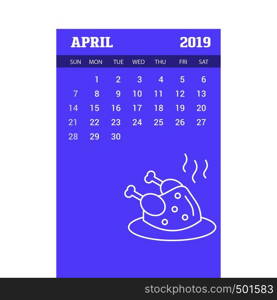 2019 Happy New year April Calendar Template. Christmas Background