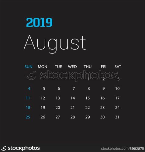 2019 Happy New year August Calendar Template. Christmas Background