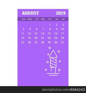 2019 Happy New year August Calendar Template. Christmas Background