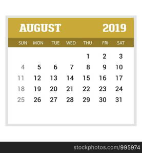 2019 Happy New year August Calendar Template. Christmas Background