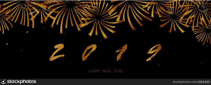 2019 Happy New Year Background texture with golden fireworks. Vector gold text and numbers for holiday greeting card, festive invitation, calendar poster or promo banner.. 2019 Happy New Year Background texture with golden fireworks. Vector gold text and numbers for holiday greeting card, festive invitation, calendar poster or promo banner