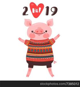 2019 Happy New Year card design. Symbol of the Chinese calendar cute pig greets with love. Piglet in a knitted sweater. Vector illustration in cartoon style.. 2019 Happy New Year card design. Symbol of the Chinese calendar cute pig greets with love. Piglet in a knitted sweater. Vector illustration in cartoon style