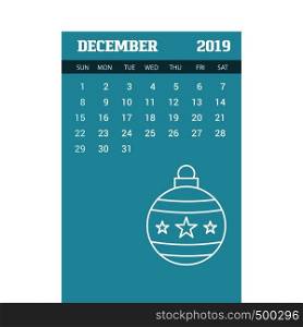 2019 Happy New year December Calendar Template. Christmas Background