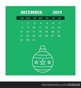2019 Happy New year December Calendar Template. Christmas Background