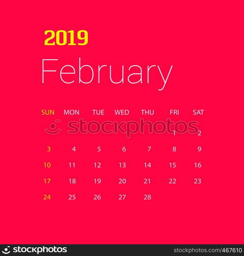 2019 Happy New year February Calendar Template. Christmas Background