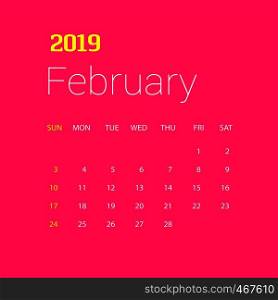 2019 Happy New year February Calendar Template. Christmas Background